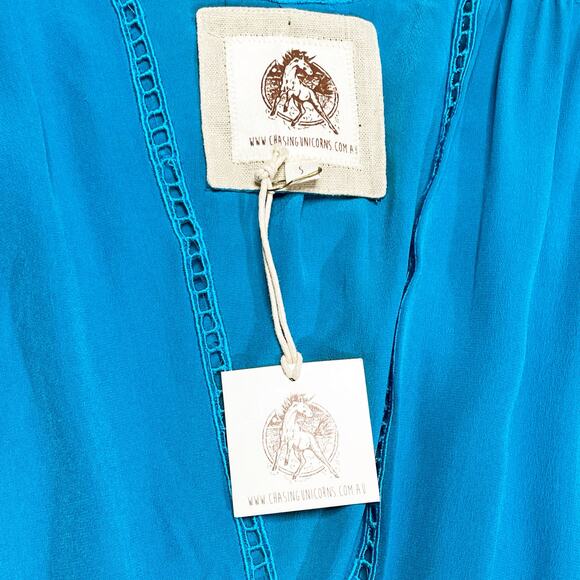 Chasing Unicorns NWT 1970s Ombre Silk Maxi Dress Ocean Depths to Atlantic Blue S - Picture 8 of 10